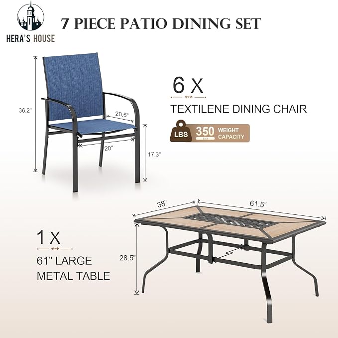 HERA'S HOUSE 7pc Patio Dining Set, Metal Table with PVC Top, Blue Chairs | 61" rectangular table with umbrella hole, 6 textilene chairs. Waterproof, rust-resistant, all-weather for yard, porch