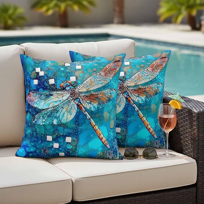 Blue Dragonfly Outdoor Pillow Covers Set of 2 Country Vintage Watercolor Dragonfly Wings Waterproof Throw Pillow Cover Decorative Cushion Cases for Patio Porch Garden 20X20 Inch