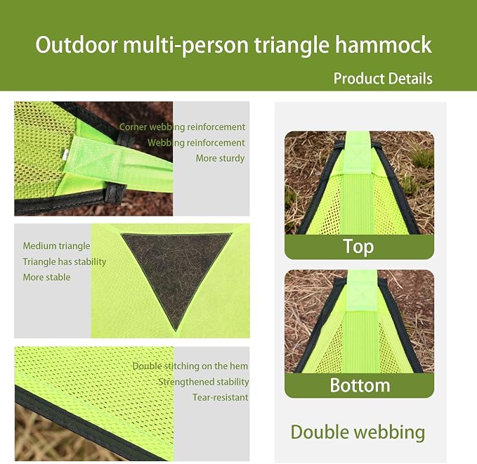 Multi-person triangular hammock, aerial camping hammock, suspended type, suitable for outdoor adventures, hiking, backyards, and gardens, includes straps, buckles, and storage bag (Black, 157in*157in)