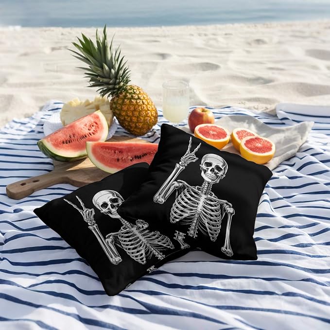 Halloween Skeleton Outdoor Pillow Covers 16x16 Inch Throw Pillow Covers Set of 2 Waterproof Decorative Pillow Cases Retro Funny Skull Abstract Black Cushion Covers for Patio Furniture Garden Couch