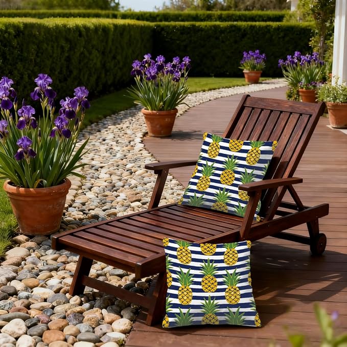 16x16 Inch Outdoor Pillow Covers Set of 2 Waterproof Throw Pillow Covers Decorative Couch Cushion Covers Pineapples Black Stripes Square Pillowcases Protectors for Patio Garden Sofa