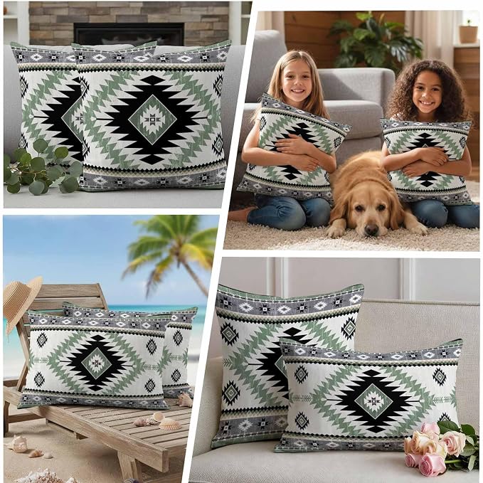 Green Gray Boho Waterproof Outdoor Pillow Covers Set of 2 Home Decor Southwestern Ethnic Abstract Geometric Pillowcase Patio Pillow Covers for Couch Bench Furniture Garden 24x24in