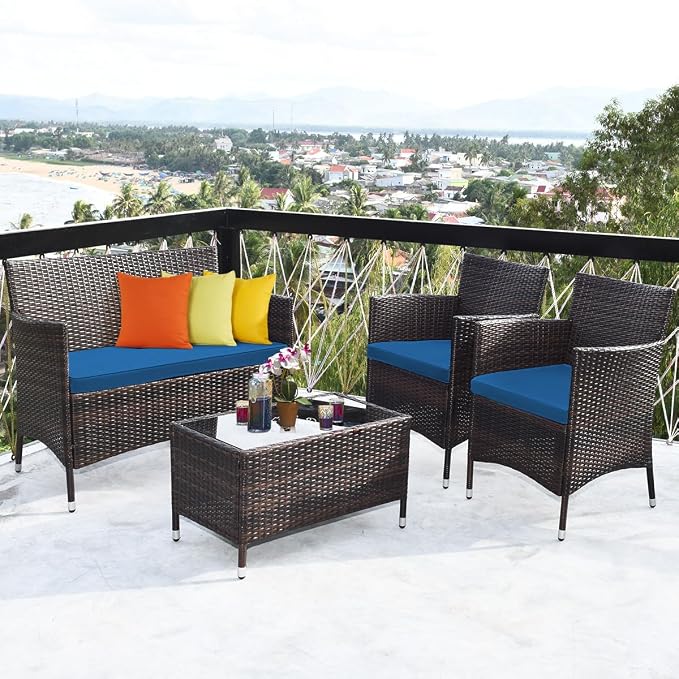 Tangkula 4 Pieces Patio Rattan Conversation Set with Tempered Glass Coffee Table & Thick Cushion, Wicker Set for Garden, Lawn, Poolside and Backyard