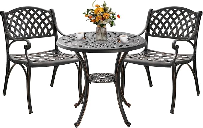 3 Piece Outdoor Dining Set,Cast Aluminum Bistro Set with Umbrella Hole, All Weather Patio Furniture Set, Small Patio Dining Set for Garden/Balcony/Deck, Bronze (Woven Backrest)