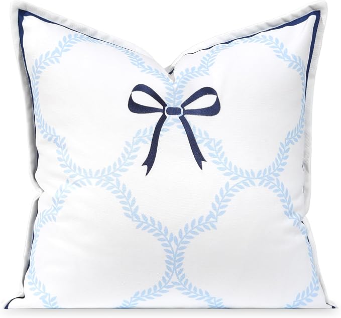 Hofdeco Premium Coastal Hampton Patio Indoor Outdoor Throw Pillow Cover Only, 20"x20" Water Repellent for Backyard, Couch, Poolside, Baby Blue Navy Embroidered Ribbon Bow Tie on Leaves