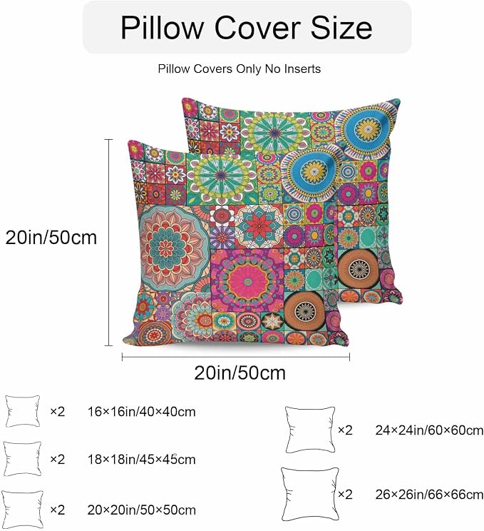 Colorful Ethnic Outdoor Pillow Covers 16x16 Inch Throw Pillow Covers Set of 2 Waterproof Decorative Pillow Cases National Modern Geometric Red Green Cushion Covers for Patio Furniture Garden Couch