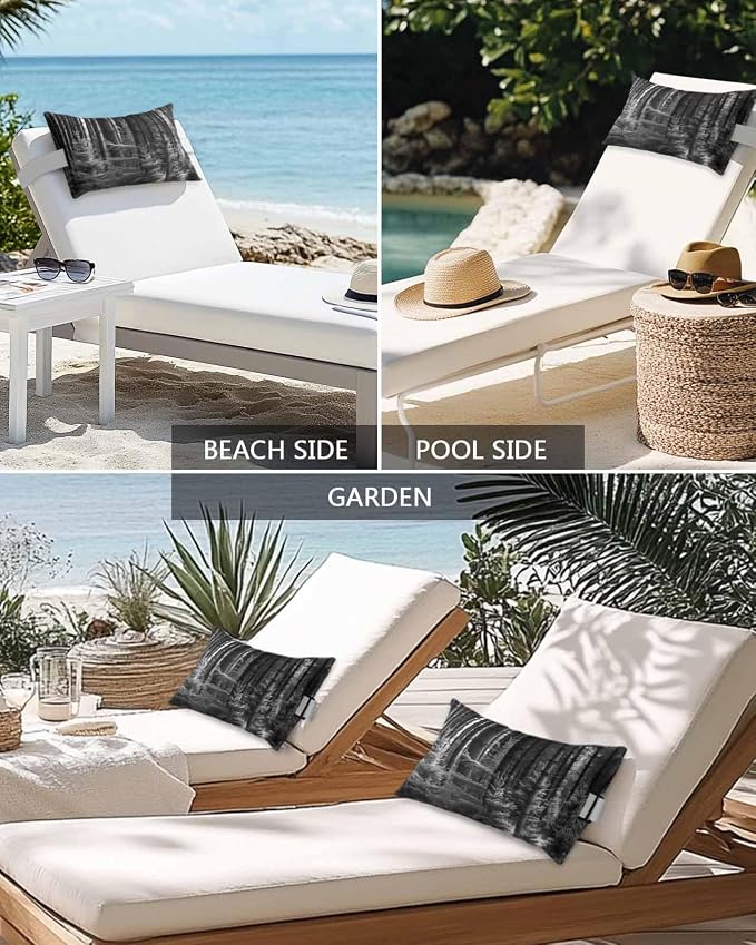 4 Pack 12x20 Chaise Lounge Outdoor Pillows Covers Waterproof, Black Pine Trees Adjustable Headrest Pillowcase, Summer Forests Decorative Neck Pillow for Recliner Office Chair
