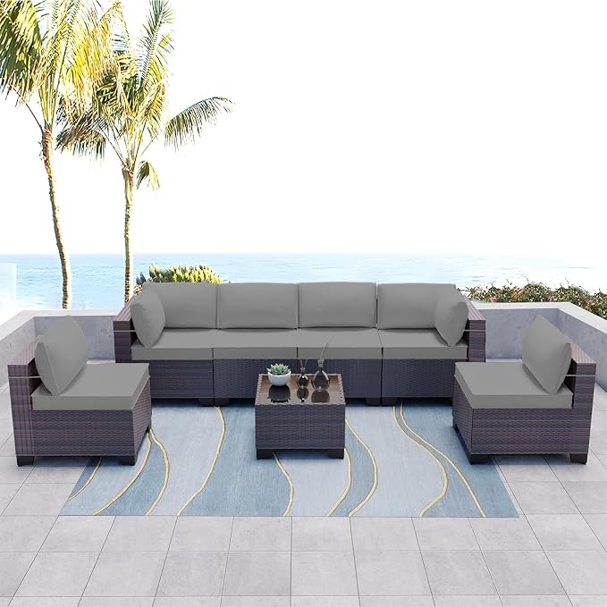 Kullavik 7 Pieces Outdoor Patio Furniture Set,Wicker Outdoor Sectional Sofa,All-Weather Patio Conversation Sets with Washable Thick Cushions & Coffee Table for Garden,Backyard,Balcony,Porch,Grey