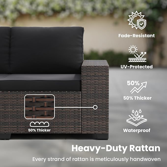 Soohow 6-Piece Patio Furniture Set All-Weather Outdoor Wicker Sectional Conversation Set with Cushion and Glass Table for Garden, Porch, Backyard, Black Cushions