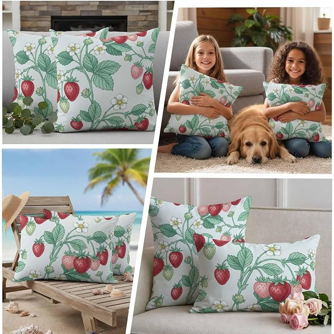 Strawberry Leaves Outdoor Pillow Covers 24"x24" Set of 2, Watercolor Red Pink Fruit Floral Mint Green Waterproof Throw Pillow Covers for Patio Furniture, Decorative Cushion Covers for Porch