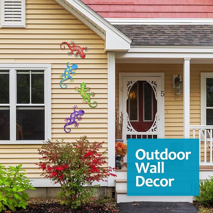 4 Pcs Metal Gecko Outdoor Decorations - Metal Wall Art Hanging Sculpture Decoration for Garden Yard Fence Porch Exterior Wall Decor