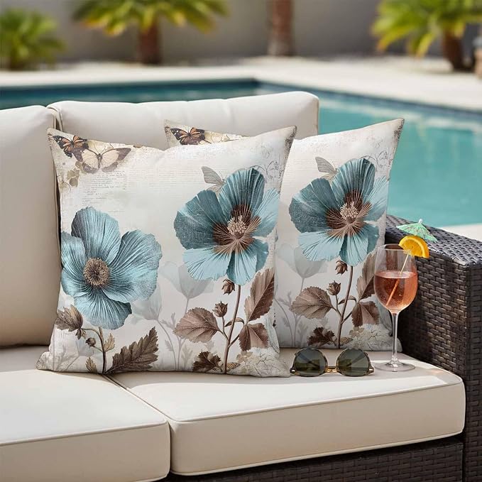 Teal Blue Floral Waterproof Outdoor Pillow Covers 20''x20'' Set of 2, Vintage Brown Flowers Butterfly Plant Patio Furniture Cushion Covers for Chairs, Decorative Pillow Cases for Garden/Pool/Beach