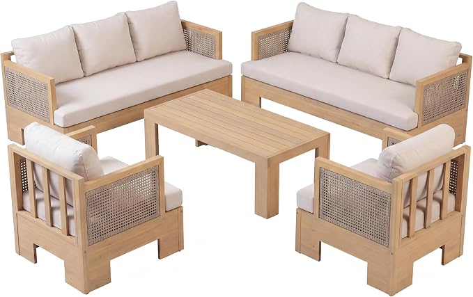 Christopher Knight Home Mason 5 Piece Patio Furniture Set with 3-Seater Sofas, Club Chairs and Coffee Table, Outdoor Acacia Wood Conversation Set, Patio Sofa Set for 8, Light Teak+Light Brown+Beige