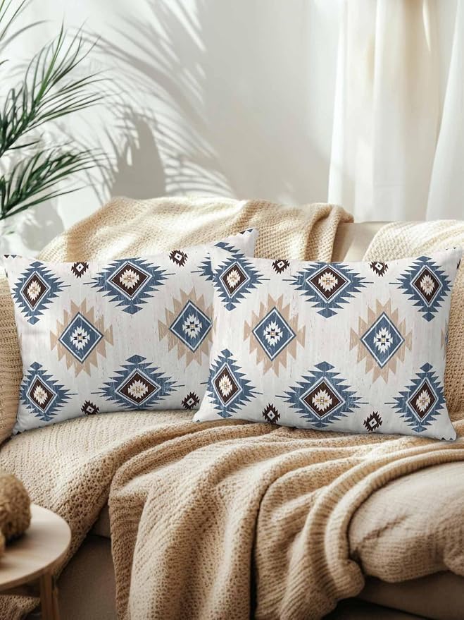Waterproof Outdoor Pillow Set of 2 Blue Boho Aztec Decorative Throw Pillows Cover & Insert 20x12 Inch Lumbar Pillowcase Southwest Tribal Style Pillows for Couch Sofa Bed Patio Furniture Indoor Outdoor