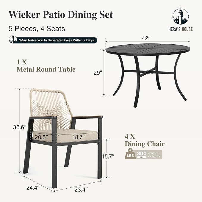 HERA'S HOUSE 5pc Patio Dining Set, 42" Round Table & 4 Rattan Chairs | Metal table with umbrella hole, cushioned chairs. Waterproof, rust-resistant, all-weather for backyard, porch.