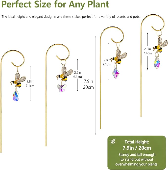 4pcs Bumble Bee Crystal Suncatchers with Small Trellis for Potted Plants | 7.5'' Indoor Plant Accessories,Sun Catchers,Garden Stakes For Houseplant,Bouquet Home Decor,Gift For Gardening Enthusiasts