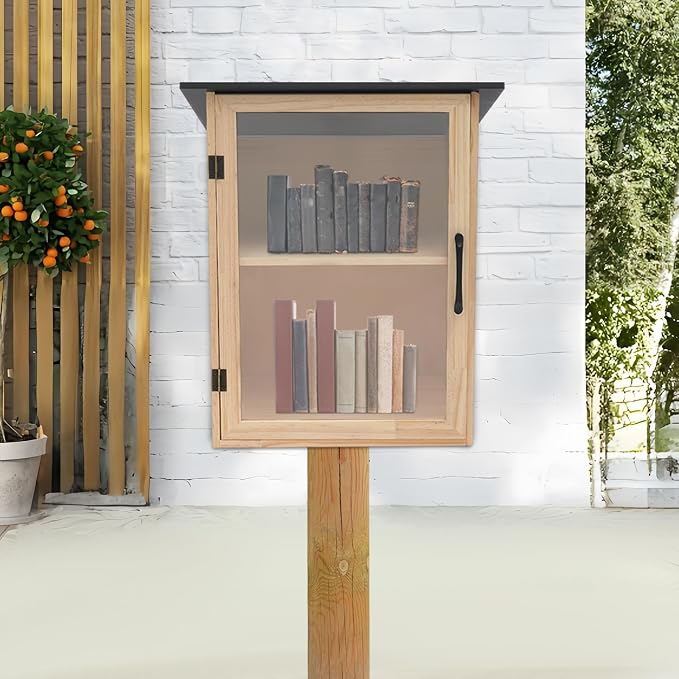 Outdoor Library Box, 15.7x11x22.4inch Wood Literature Exchange Box DIY Little Wood Cabinet with Waterproof Roof and Shelf for Outside Neighborhoods Community and Schools Sharing Books (Sloped Roof)