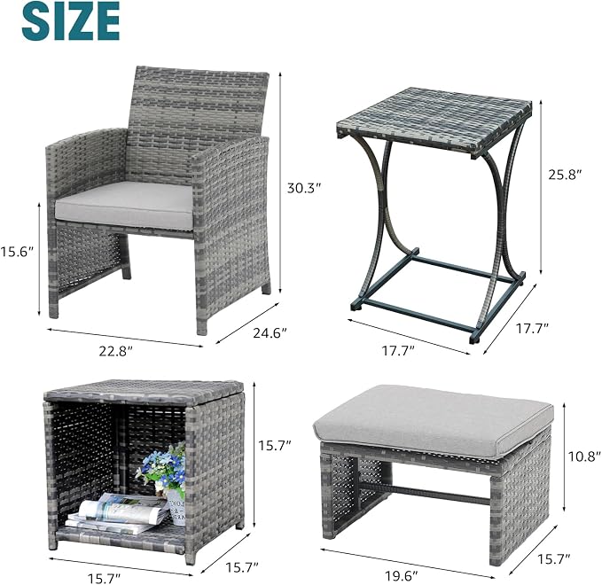 OC Orange-Casual 6 Piece Patio Furniture Conversation Set with Ottoman, Outdoor Grey Wicker Chair and Table Set, Balcony Furniture for Apartments, Light Grey