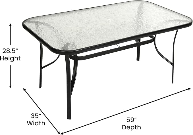 EMMA + OLIVER Bartlett 7-Piece Outdoor Dining Set, Patio Table with Tempered Glass Top and Umbrella Hole, 6 Flex Comfort Textilene Stack Chairs, 60", Brown/Black