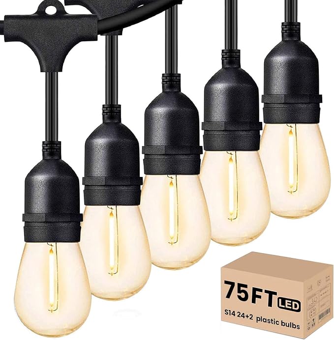 Svater Outdoor String Lights 75 FT LED Outside Patio E26 Edison Waterproof | Commercial Grade Patio Light with Shatterproof S14 Dimmable Vintage Bulbs, Hanging Strand for Bistro Cafe Backyard Warm White