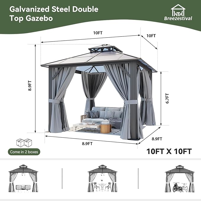 10’x10’ Hardtop Gazebo with Double Polycarbonate Roof Outdoor Metal Gazebo Sturdy Aluminum Frame & Removable Curtains, Netting Permanent Pavilion Pergola for Garden,Patio,Lawn (Gray)