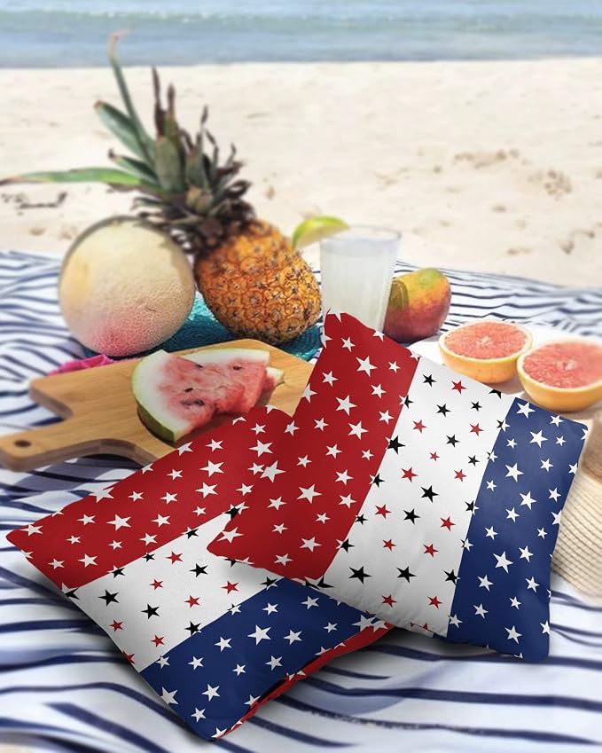Vandarllin Outdoor Throw Pillows Covers 18X18 Set of 2 Waterproof July 4th Decorative Zippered Cushion Covers for Patio Furniture, Red White Blue Lumbar Pillowcases Independence Day Americana Stars
