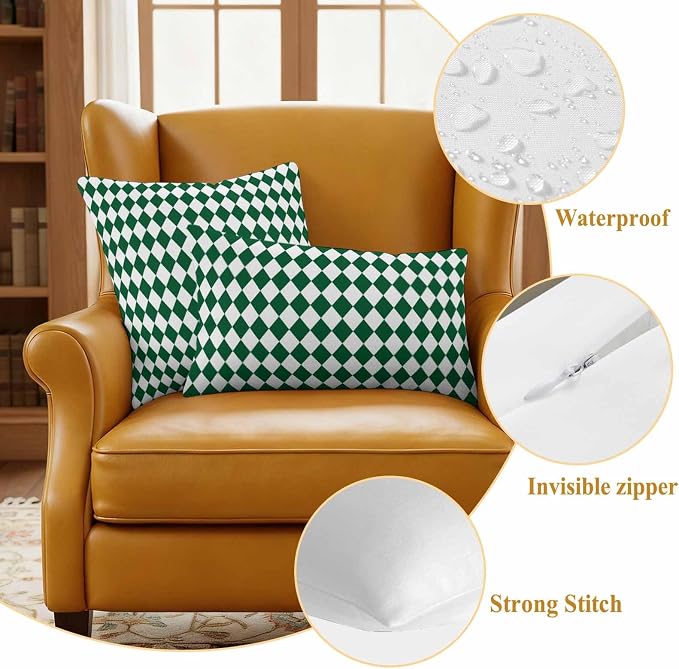 Outdoor Throw Pillow Cover Modern Green White Diamond Waterproof Cushion Covers 2 Pack Minimalist Geometric Plaid Pillow Cases Home Decoration for Patio Garden Couch Sofa