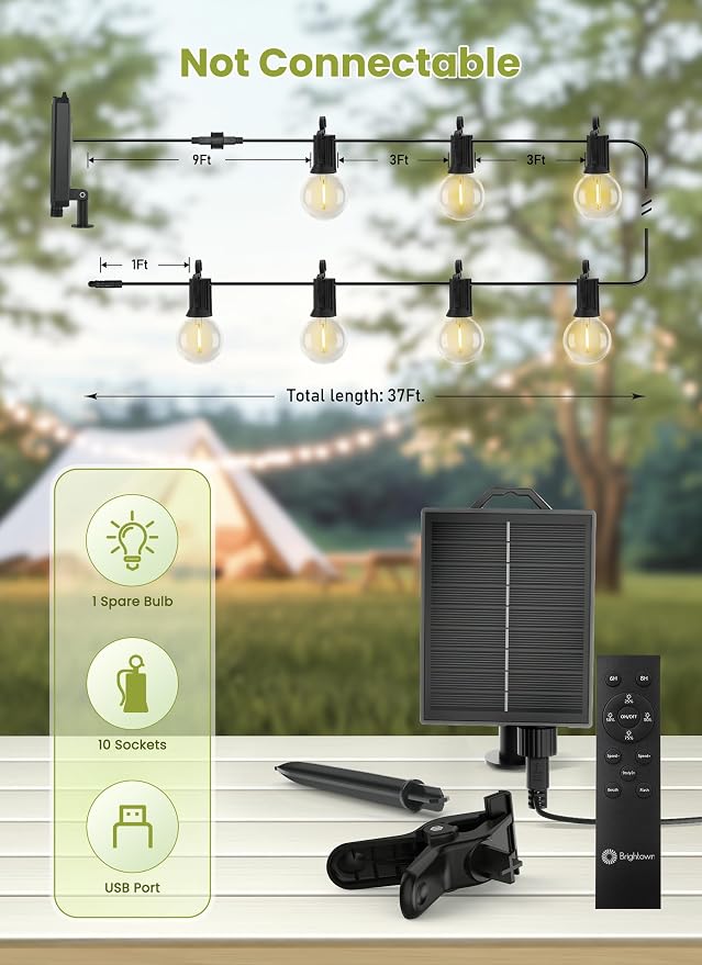 Brightown 37FT Solar String Lights Outdoor, IP65 Waterproof, Remote, Timer | Patio Lights with 10 LED Shatterproof Bulbs, 3 Light Modes, Dimmable, Outside Light for Backyard Porch Yard Party Xmas Decor