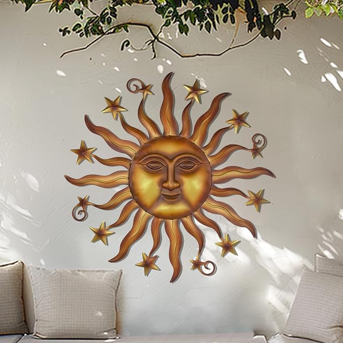 LIFFY 24" Sun Metal Wall Art Outdoor Decor - 3D Sun Face Metal Wall Sculpture - Hanging Decoration Gift Ideal for Home Accent, Bedroom, Garden, Patio, Farmhouse - Lively and Vibrant