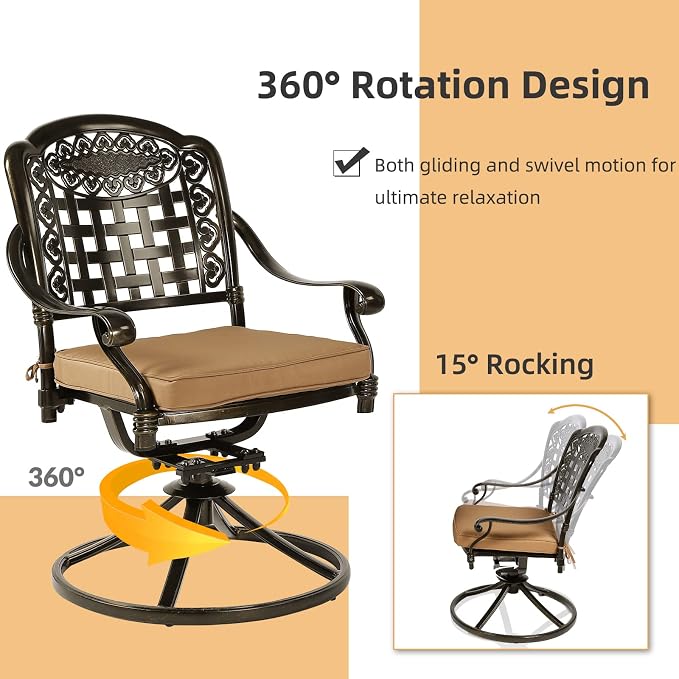5 Piece Patio Dining Set, Outdoor Table and Chairs Set for 4 Cushioned Swivel Rocking Chairs and 35.4'' Round Table, All-Weather Cast Aluminum Patio Funiture Set, 2'' Umbrella Hole