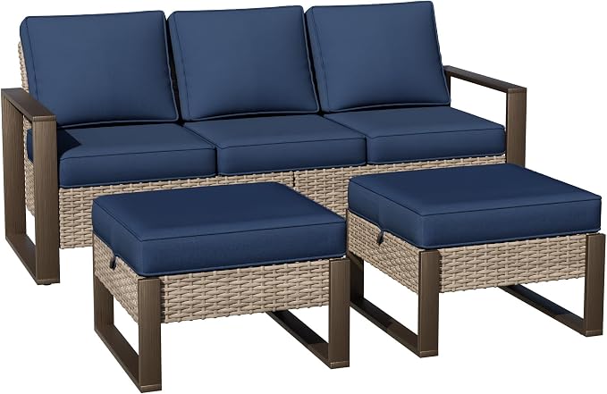 Joyside Outdoor Patio Sofa, 4 Pieces Wicker Rattan Furniture Set, 1 Patio Couch and 2 Ottoman, Metal Wide Armrest, Thick Cushions and Deep Seating for Garden, Backyard, Porch, Deck