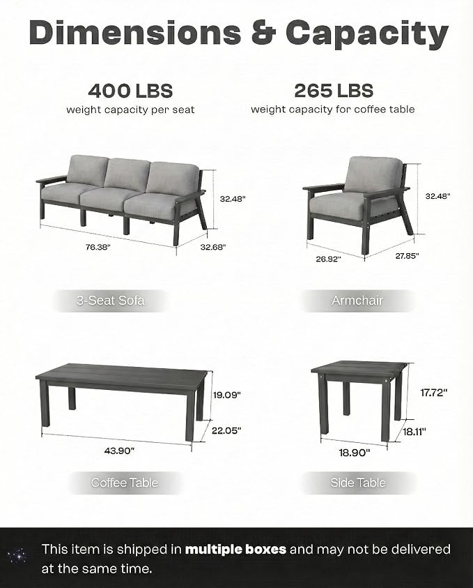 HDPE 7 Piece Patio Furniture Set, HDPE Outdoor Sectional with with Gray Thick Cushions, Coffee Table and Side Table, Patio Conversation Sets for Lawn, Garden, Porch (Gray Frame)
