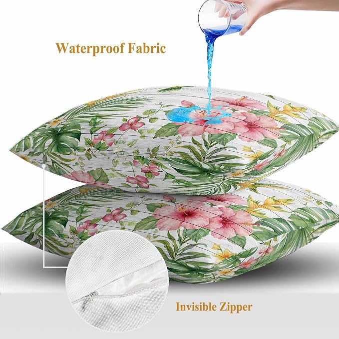 Hummingbirds Hibiscus Outdoor Waterproof Pillow Covers Pack of 2, Birds Botanical Tropical Plant Wood Grain Throw Pillowcases Decorative Cushion Covers for Garden Patio Tent Sofa Couch, 20x20 inch