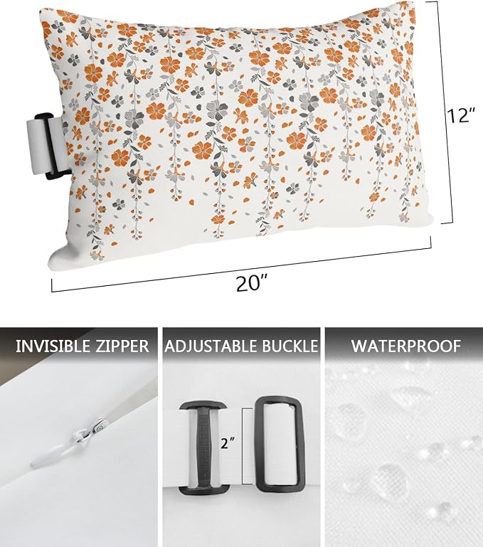 Outdoor Pillows Covers with Inserts Flower Orange Grey Cherry Blossoms White Waterproof Pillow with Adjustable Strap Throw Pillows for Patio Furniture Recliner Lounge Chair, 12x20 inch, 1PCS