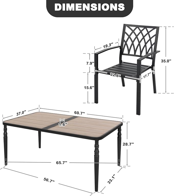 NUU GARDEN 7-Piece Outdoor Dining Set for 6, Patio Wood-Grain Table and Stackable Chairs Set with Umbrella Hole, 7 Pieces Metal Outdoor Furniture Set for Patio, Garden, Backyard, Black