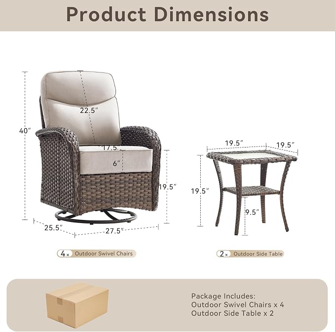 Luxury Wicker Patio Furniture Set with 6-Inch Thick Cushions, 6 Pieces Outdoor Swivel Rocker Patio Chairs Set of 4 with Rattan Side Table, Ooutdoor Patio Conversation Sets for Garden Porch Deck, Beige