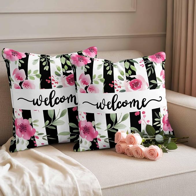 Throw Pillow Covers 18x18 Inch Set of 2, Pink Red Flower Waterproof Outdoor Cushion Covers, Watercolor Floral Leaf Black White Stripe Decorative Pillowcases for Couch, Sofa, Bed, Garden, Patio