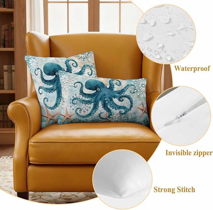 Ocean Creature Outdoor Waterproof Throw Pillow Covers Set of 2, 24"x24", Eight Pawfish Corals Sea Stars Decorative Pillow Covers Outside Cushion Case for Patio Porch Garden