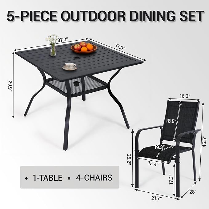 5-Piece Outdoor Dining Set, Patio Furniture Set with 4 Regular Chairs, Patio Dining Set with 1 Rectangular Table for Garden, Backyard, Poolside, Deck, Black