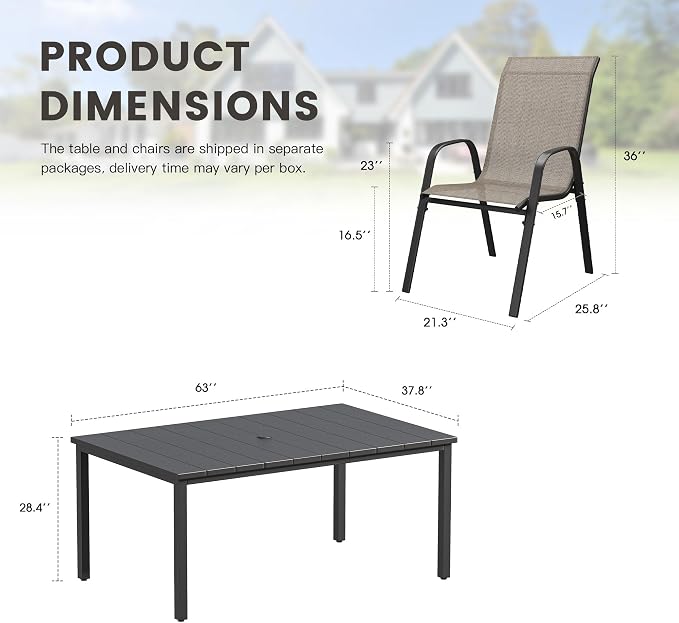 7 Pieces Outdoor Dining Set, 63" Rectangular Table with Umbrella Hole & Stackable Patio Dining Chairs, Patio Table and Chairs Set for Deck Garden Porch, Brown Chairs & Black Table
