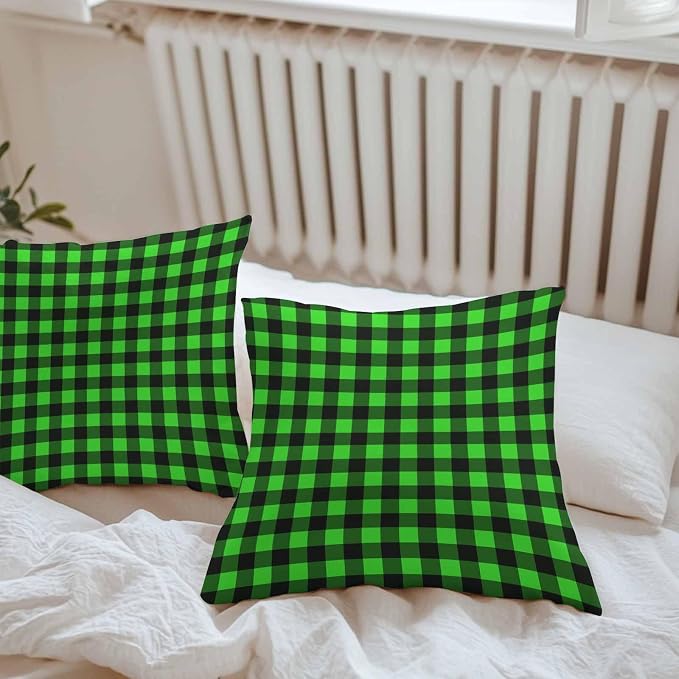 Outdoor Waterproof Throw Pillow Covers Set of 2 Green Buffalo Plaid Pillowcases 24x24 Inches Pastoral Black Checked Decorative Pillows Cushion Case Patio Pillows for Couch Bed Chair Garden