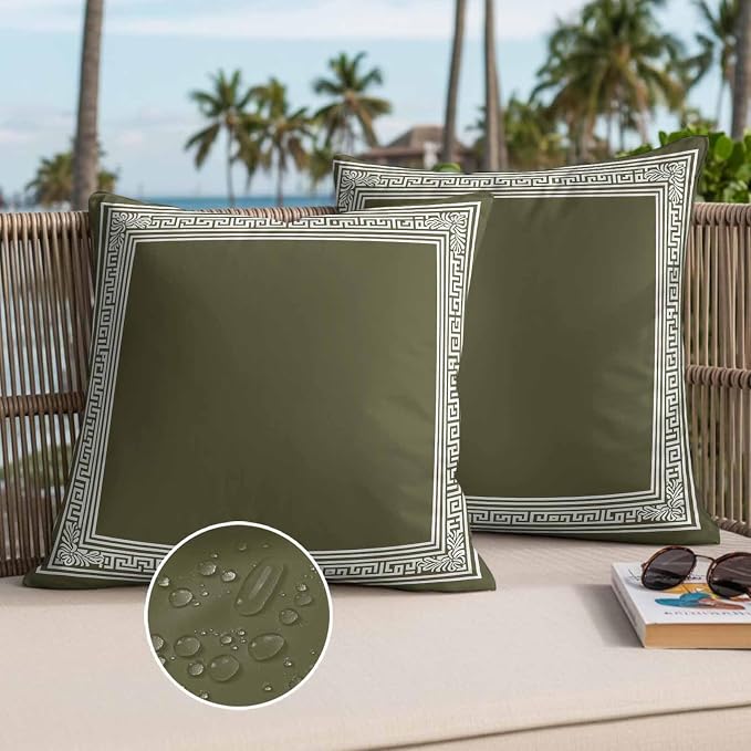 Olive Green Greek Key Waterproof Outdoor Pillow Covers Set of 2 Home Decor, Geometric Greece Ancient Farmhouse Geo Pillowcase Patio Pillow Covers for Couch Bench Furniture Garden 20x20in