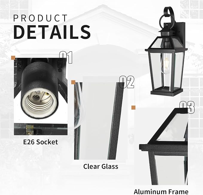 JYZ Dusk to Dawn Outdoor Wall Sconce, 17inch Waterproof Exterior Wall Lantern with Textured Glass, Anti-Rust Classic Porch Light for Front Door Garage Patio Yard JYOWL06