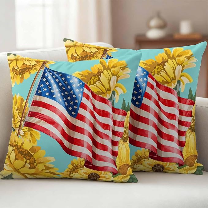 4th of July Outdoor Pillow Covers Waterproof, All Weather Cushion Case Set of 2, Watercolor Sunflowers American Flag Teal Decorative Pillowcases for Sofa Couch Bed Decor Patio Furniture 18"x18"