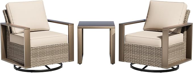 Outdoor Swivel Rocker Metal Chairs Set of 2 with Small Coffee Table - 3 Pieces Patio Bistro Set with Rectangular Framed Wood-Looking Metal Armrest, 360 Degree Glider Chairs, Beige
