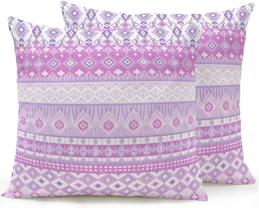 Waterproof Outdoor Pillow Set of 2 Purple Bohemian Decorative Throw Pillows Cover & Insert 16x16 Inch Pillowcase Boho Style Floral Leaves Geometric Pillows for Couch Sofa Bed Patio Furniture