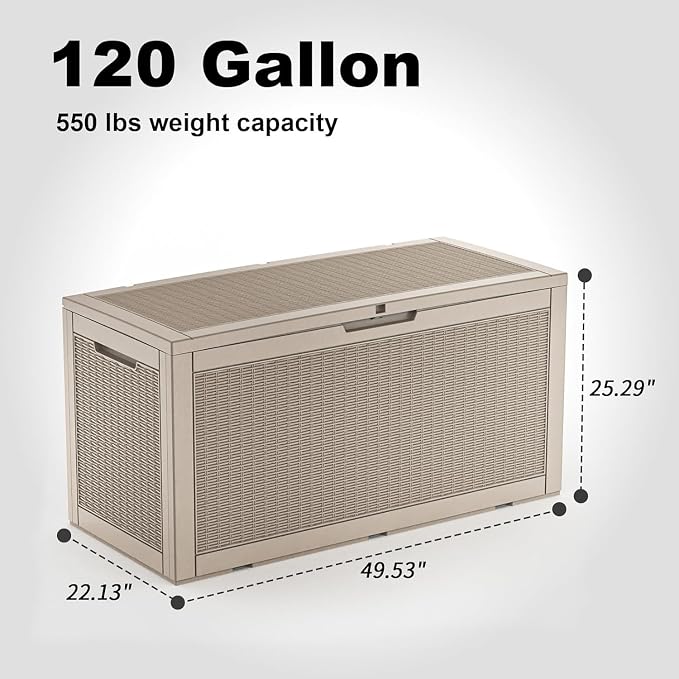 Storage Deck Box Outdoor Waterproof Resin Lockable Outside Bench UV Resistant Bin Patio Porch Furniture Pool Float Garden Tool Cushion (Grey, 120 Gallon)