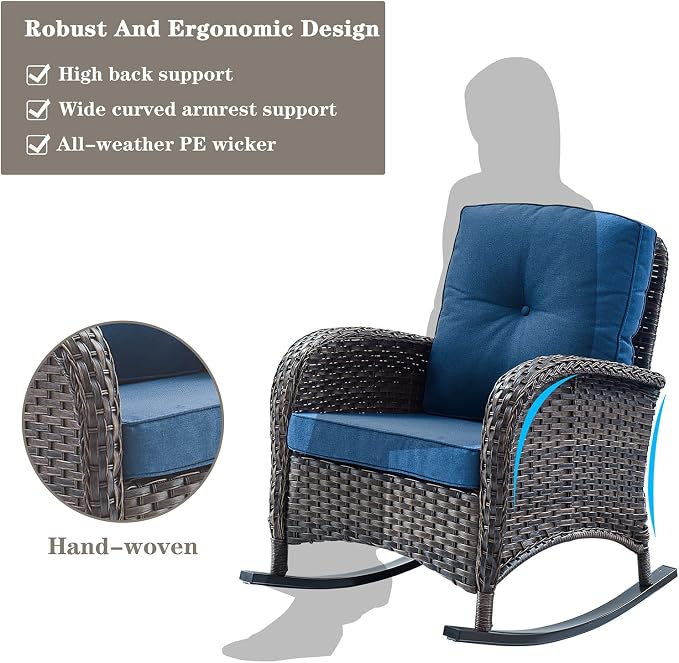 Belord Patio Wicker Furniture with Rocking Chairs Loveseat, 5 Piece Rattan Furniture Outdoor Table and Rocking Chairs Set for Patio Deck Porch Backyard Brwon/Blue