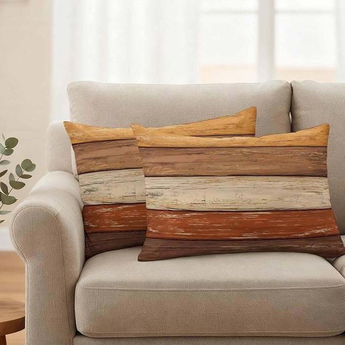Farmhouse Burnt Orange Brown Outdoor Waterproof Pillow Covers, Vintage Wooden Striped Decorative Rectangle Throw Pillowcase Sofa Cushion Sham for Patio/Couch/Chair, 20"x12" 2 Pack
