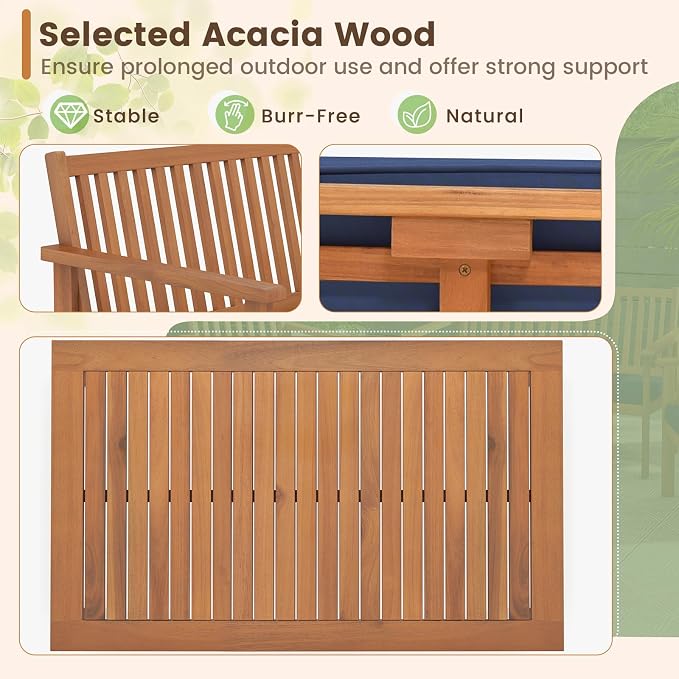 Tangkula 4 Piece Patio Wood Furniture Set, Acacia Wood Sofa Set w/Loveseat, 2 Chairs & Coffee Table, Soft Seat Cushions, Outdoor Wood Furniture Set for Porch, Yard, Balcony (Navy)